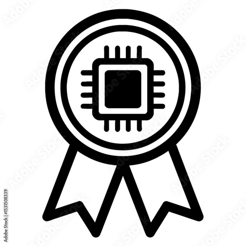 Black and White Outline Icon of a Quality Chip or Processor with Ribbon