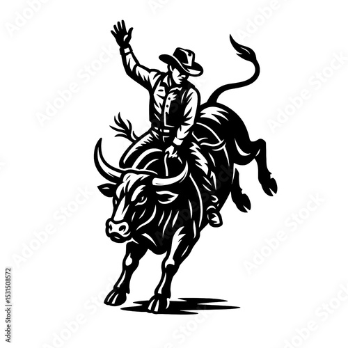 Vector Illustration of Cowboy Riding Bull in Rodeo Style
