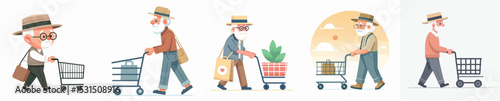 vector character of grandfather wearing hat pushing trolley
