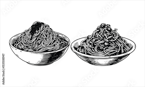 Hand-Drawn Spaghetti Noodle Bowls Sketch - Classic Italian Pasta Illustration