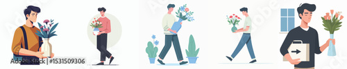 vector character holding flower vase