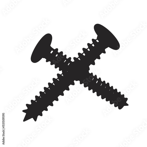 Two crossed screws on white background. Construction image shows metal screws, fasteners, and threaded elements. This detailed image is perfect for construction websites, tool catalogs, or DIY project