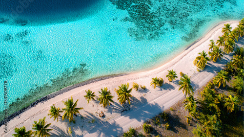 Aerial View of Tropical Beach with Curved Shoreline, Palm Trees, and Turquoise Water