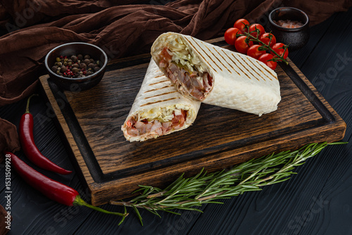 Classic shawarma, doner, kebab on a wooden tray