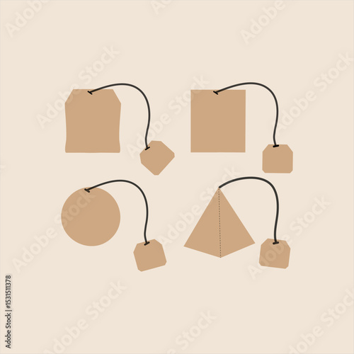 Tea bag icon set. Teabag vector symbol. a set of four different types of Tea bag with different shapes. Herbal drink packaging label isolated illustration.