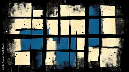 Abstract grid pattern of cream and blue squares on a black background