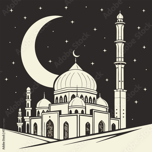 crescent moon with mosque building night scenery