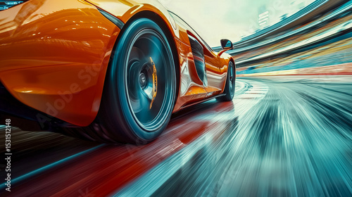 High-speed orange sports car racing on a track with motion blur effect