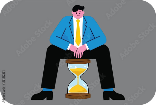 Worried businessman sitting on hourglass depicting time management pressure and deadline anxiety