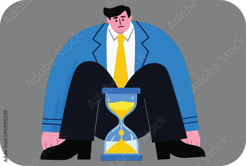 Stressed businessman sitting with hourglass showing time running out
