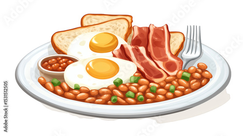 Classic English breakfast plate with bacon, eggs, baked beans, and toast isolated on white background 