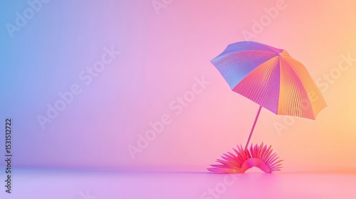 Vibrant striped umbrella at sunset beach