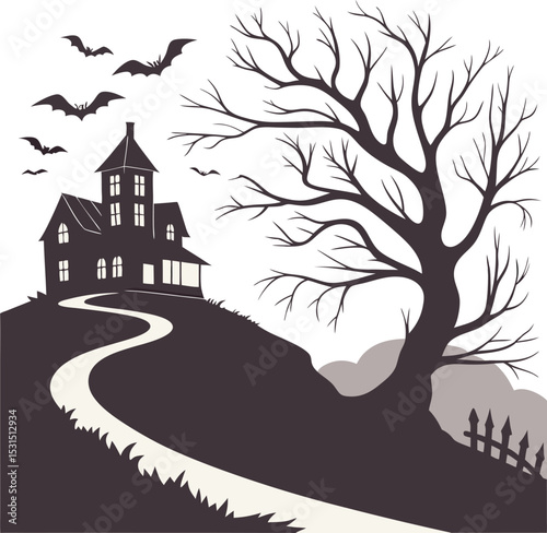 haunted house tree path bats night dark scary hill