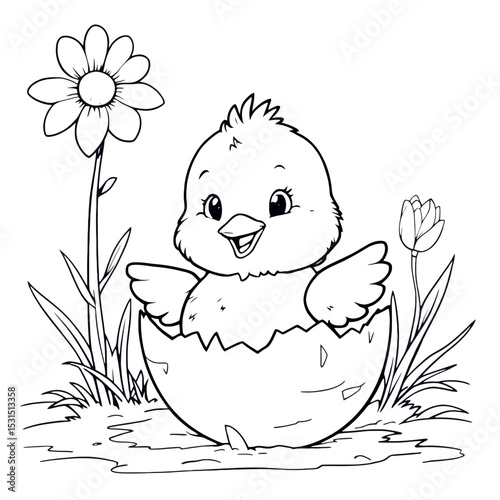 Cheerful Chick Emerges from Egg A Spring Delight Coloring Page for Kids