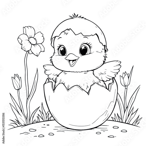 Baby Chick Hatching from Egg surrounded by Spring Flowers Coloring Page Fun