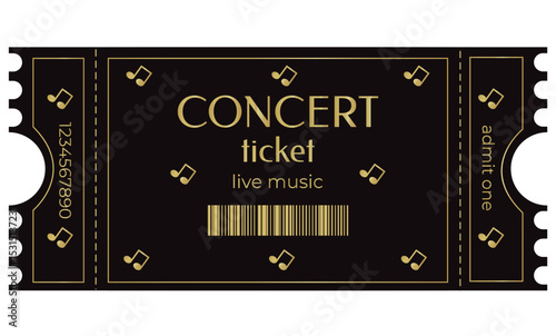 Concert ticket on black background with golden notes, admit one, barcode, sample, template