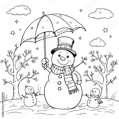 Cute Snowman with an Umbrella Winter Scene Creative Coloring Pages for Kids