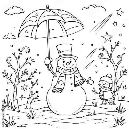 Winter Scene A Cheerful Snowman Under an Umbrella Coloring Page for Kids