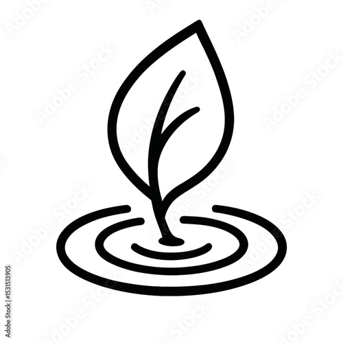 Black and White Leaf with Water Ripple Outline Icon - Symbolizing Nature, Growth, or Plant-Based Concepts