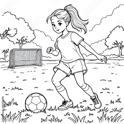 A Girl Playing Soccer Outside On A Beautiful Day Coloring Page