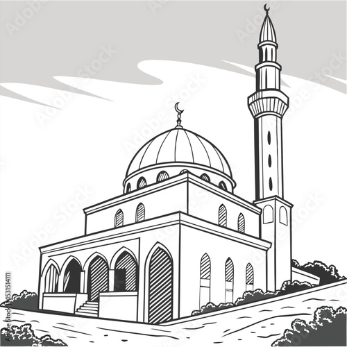 islamic mosque with dome and minaret in landscape