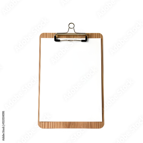 Office clipboard with clean white paper and realistic wood texture – isolated transparent background PNG image, no logo, blank sheet, low contrast

