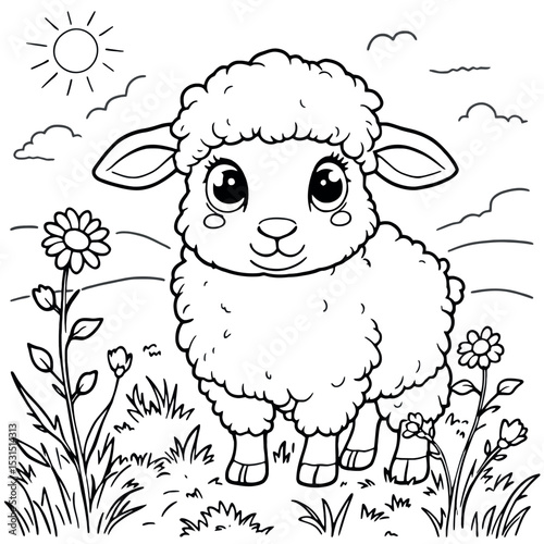 Cute Baby Lamb in a Field Flowers Coloring Page for Kids
