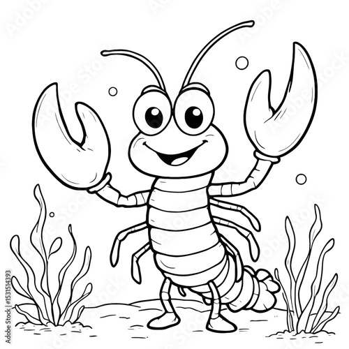 Cute Lobster Coloring Page for Kids with Beautiful Underwater Scene Design Elements