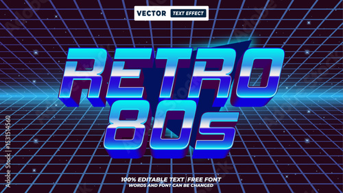 Retro 80s futuristic 3d editable vector text effect. Neon, cyberpunk, 80s, and 90s chrome typography style for digital designs. 