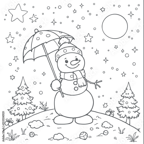 A Winter Wonderland Snowman Under Umbrella Coloring Page For Kids Fun