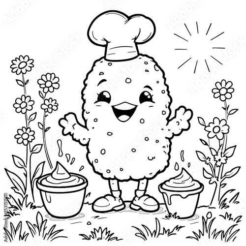 Adorable Chef Character Surrounded by Flowers with Two Bowls Ready for Coloring
