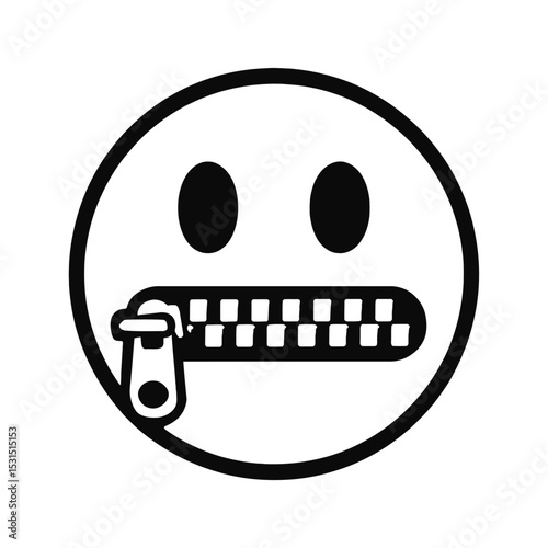 Black and White Zipper Mouth Emoji Icon for Silence or Secrecy