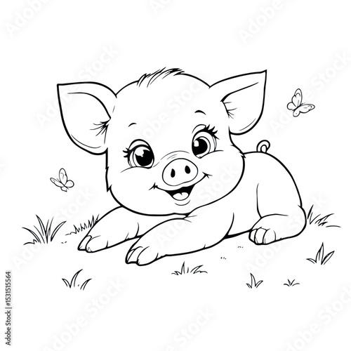 Cute Baby Pig Relaxing in the Grass Coloring Page for Kids