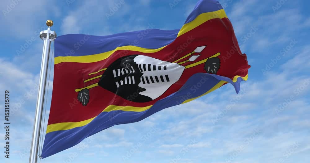 Eswatini flag with flagpole waving in wind, rolling clouds background looping, 4K video (Perfect Loop)