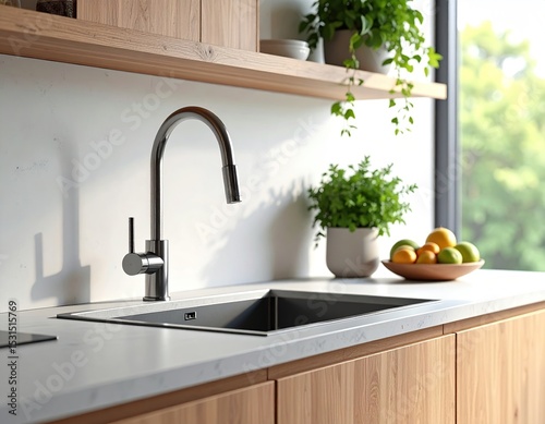 Modern kitchen sink and faucet, sunlight