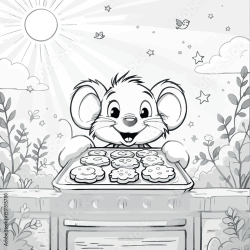 Adorable Mouse with Cookies Baking Sheet Printable Coloring Page for Kids
