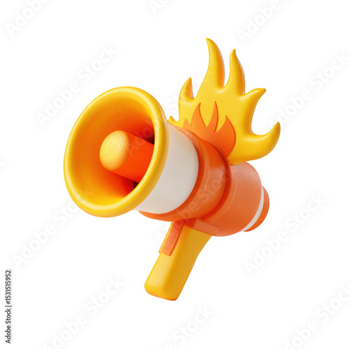 3D Fire megaphone png isolated object background for annoucement purpose. photo