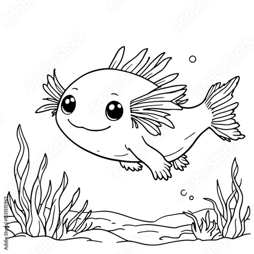 Cute Axolotl Underwater Coloring Page for Kids and Adults for Fun