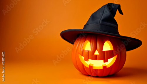 Spooky jack-o-lantern wearing a black witch hat on vibrant orange background. Halloween and autumn design.