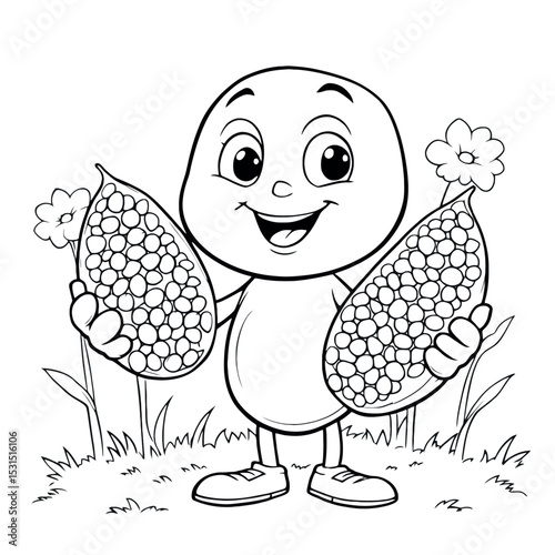 Sweet Corn Kernel Cartoon Character Holding Maize Coloring Page For Kids
