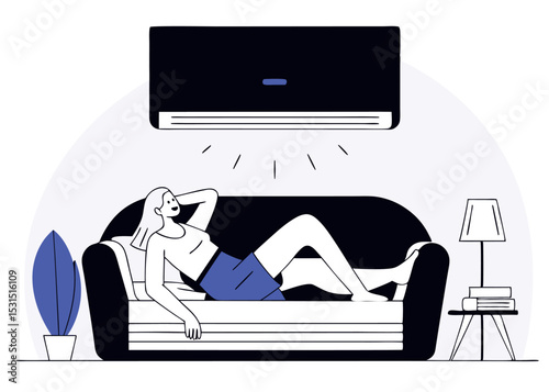 Woman napping on sofa under wall ac unit vector illustration, beat the heat concept, home comfort scene
