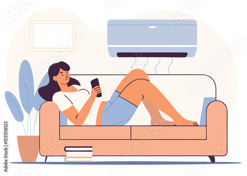 Female relaxing on couch below air conditioner vector illustration, cooling off in living room, hot day concept