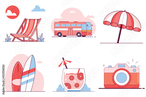 Summer fun beach travel and vacation essentials, tropical holiday items collection