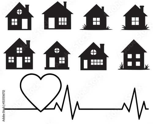 Black silhouette houses with a heartbeat graphic depicting home and healthcare concepts