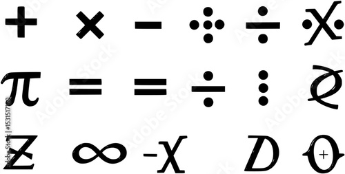 Math symbol set, Mathematical symbols vector including plus, minus, multiplication, division, equal, infinity, pi, sigma, integral, and delta for educational content, math resource