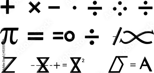 Math symbol set, Mathematical symbols vector including plus, minus, multiplication, division, equal, infinity, pi, sigma, integral, and delta for educational content, math resource