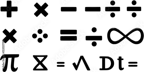 Math symbol set, Mathematical symbols vector including plus, minus, multiplication, division, equal, infinity, pi, sigma, integral, and delta for educational content, math resource