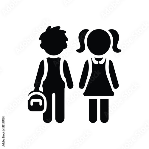 Flat vector icon of a boy and girl as classmates. Minimalist stick figure silhouettes, black fill, no outline. Ideal for school, education, children, and learning concepts.