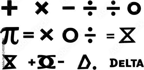 Math symbol set, Mathematical symbols vector including plus, minus, multiplication, division, equal, infinity, pi, sigma, integral, and delta for educational content, math resource