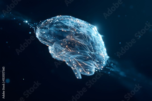 Luminous digital brain with connected network nodes, symbolizing artificial intelligence, machine learning, neuroscience, and complex thought processes. Ideal for themes of innovation and mental well-